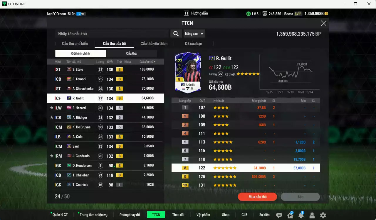 Ảnh [ACC Rẻ🔥] Chelsea 566.570b có Eto CC, Sheva CC, Tomori 23HW, Gullit LN, Hazard 25HR, Rudiger 25TS, De Bruyne DCB, A. Cole HG, Saúl HG... HLV Xịn