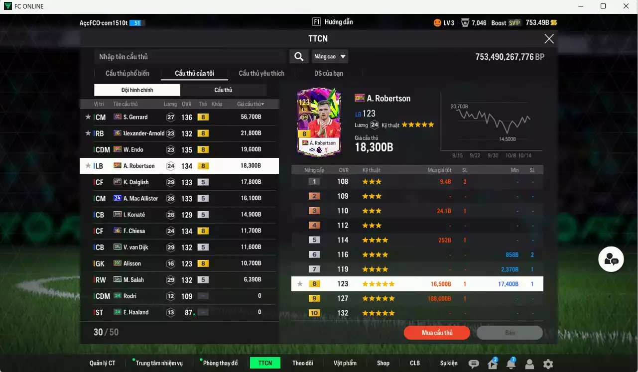 Ảnh [ACC Rẻ🔥] Liverpool 205.490b có Gerrard DC, Arnold HG, Endo 23HW, Robertson 23HW, Dalglish No.7, Mac Allister 24UCL, Konaté 24TS, Van Dijk GRU, Chiesa HG... Đã đào tạo chỉ số nhiều CT