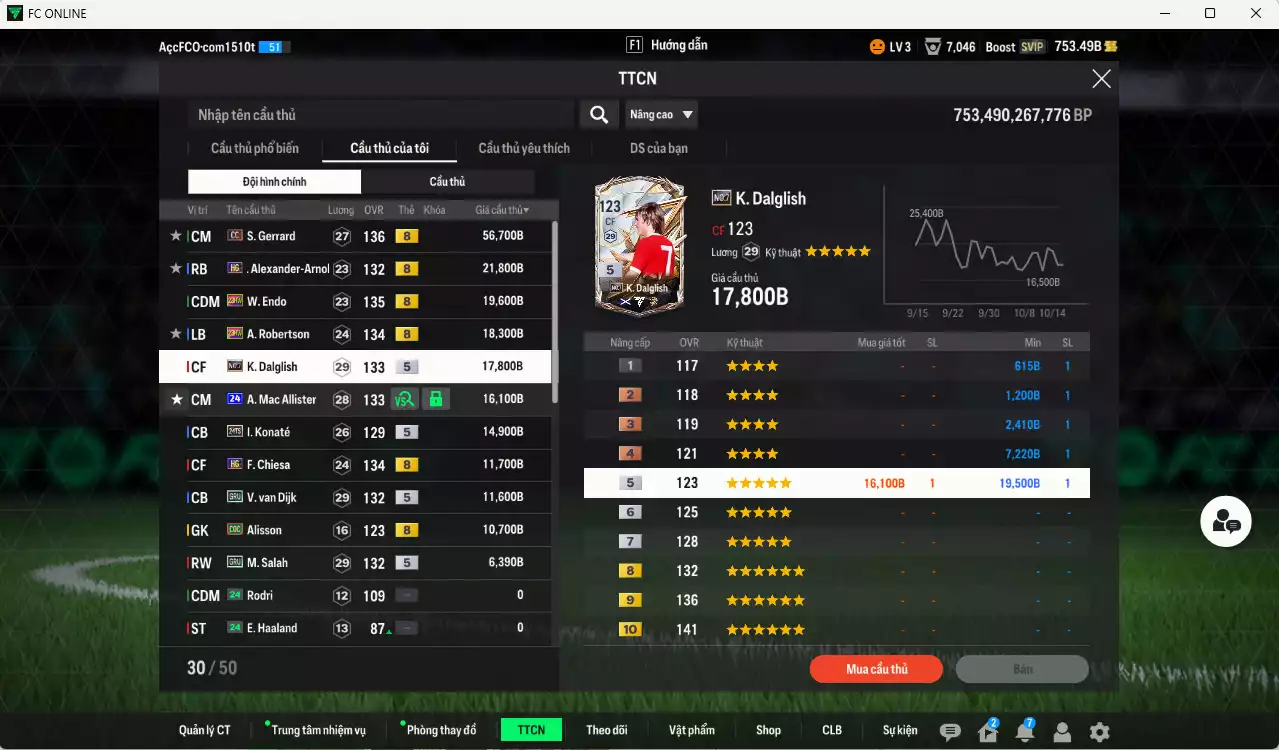Ảnh [ACC Rẻ🔥] Liverpool 205.490b có Gerrard DC, Arnold HG, Endo 23HW, Robertson 23HW, Dalglish No.7, Mac Allister 24UCL, Konaté 24TS, Van Dijk GRU, Chiesa HG... Đã đào tạo chỉ số nhiều CT