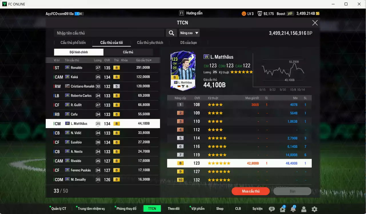 Ảnh [ACC Rẻ🔥] Full mùa LN+8 1.019.100b vs CR7 No.7 có Ronaldo, Kaká, Gullit, Matthaus, Vidic, Eusébio, Nesta, Carlos, Cafu, Rivaldo, Puskás, Desailly, VDS, Torres... LN+8 . HLV Xịn