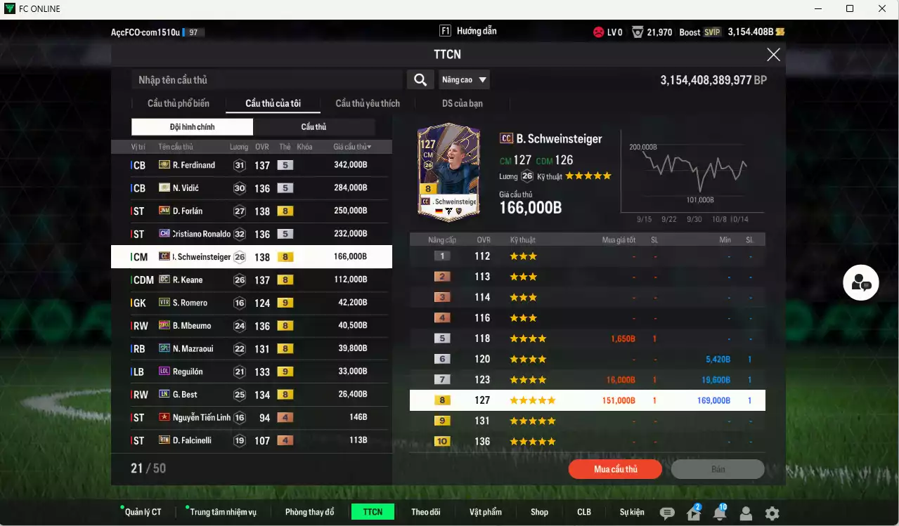 Ảnh Man Utd. 1.568.390b có Ferdinand ITM+5, Vidic ITM+5, Forlán JNM, CR7 CH, Schweinsteiger CC, Keane DC, Mbeumo 23HW, Mazraoui SPL, Reguilón LOL+9, Best LN... Đã đào tạo full chỉ số nhiều CT, dư 31.000TC, VIP BK Tháng 10