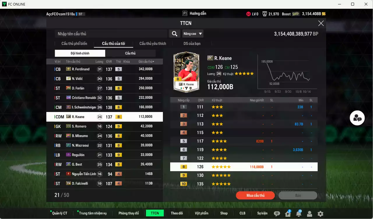 Ảnh Man Utd. 1.568.390b có Ferdinand ITM+5, Vidic ITM+5, Forlán JNM, CR7 CH, Schweinsteiger CC, Keane DC, Mbeumo 23HW, Mazraoui SPL, Reguilón LOL+9, Best LN... Đã đào tạo full chỉ số nhiều CT, dư 31.000TC, VIP BK Tháng 10