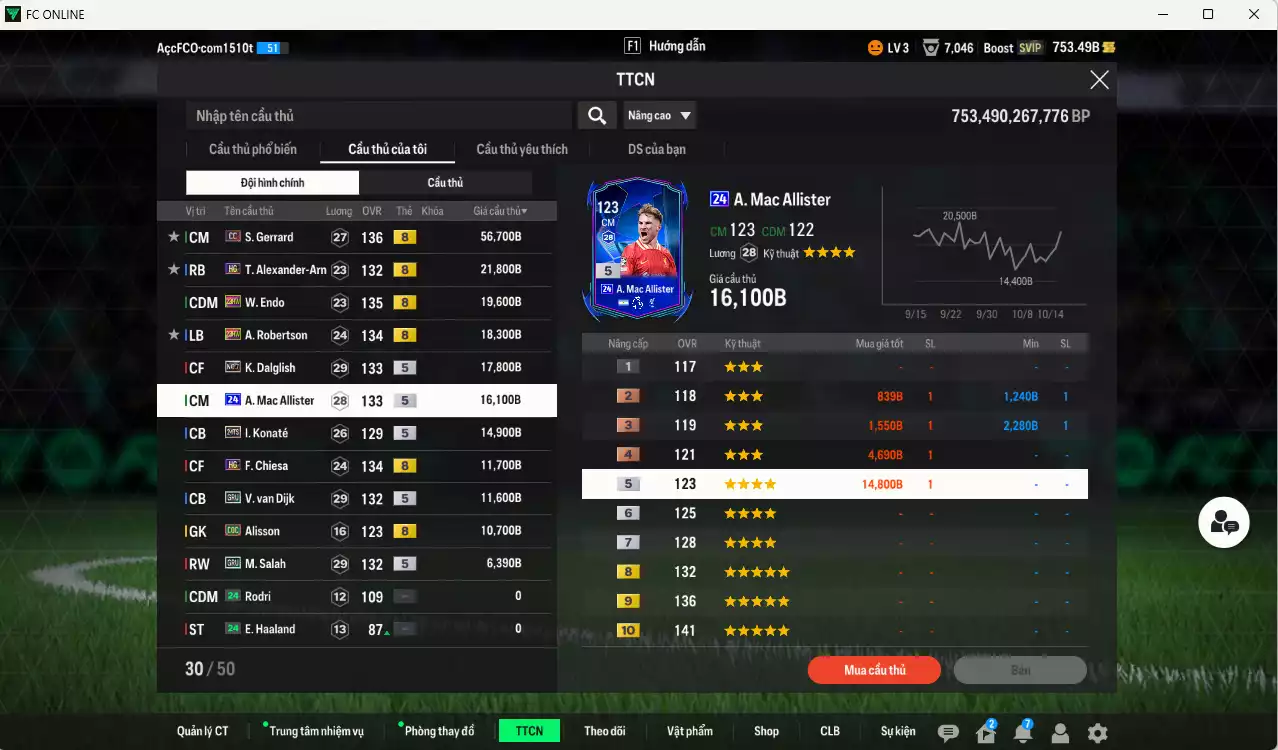 Ảnh [ACC Rẻ🔥] Liverpool 205.490b có Gerrard DC, Arnold HG, Endo 23HW, Robertson 23HW, Dalglish No.7, Mac Allister 24UCL, Konaté 24TS, Van Dijk GRU, Chiesa HG... Đã đào tạo chỉ số nhiều CT