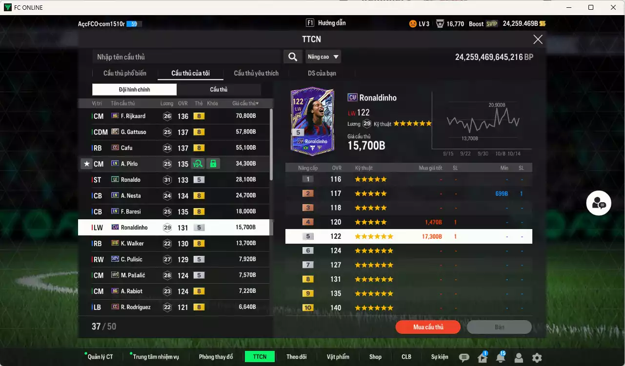 Ảnh [ACC Rẻ🔥] AC Milan 345.660b dư 24.000b có Rijkaard HG, Gattuso DC, Cafu CC, Ronaldo LE, Nesta LN, Baresi LN, Ronaldinho CU, Pirlo LN, Walker BTB, Pulisic 25TY... Đã đào tạo chỉ số nhiều CT