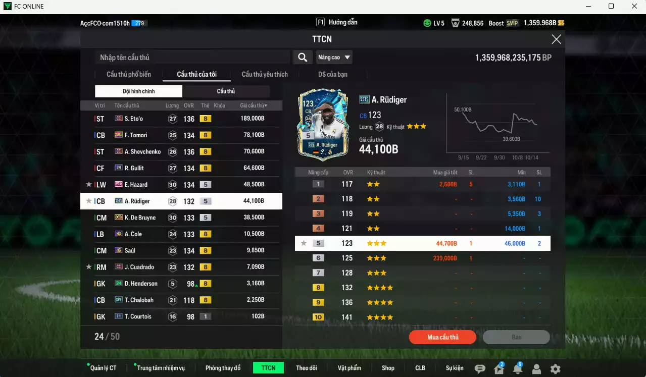 Ảnh [ACC Rẻ🔥] Chelsea 566.570b có Eto CC, Sheva CC, Tomori 23HW, Gullit LN, Hazard 25HR, Rudiger 25TS, De Bruyne DCB, A. Cole HG, Saúl HG... HLV Xịn