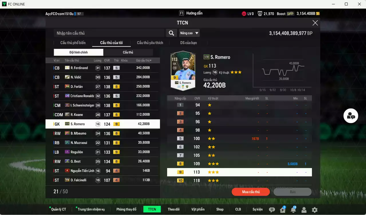 Ảnh Man Utd. 1.568.390b có Ferdinand ITM+5, Vidic ITM+5, Forlán JNM, CR7 CH, Schweinsteiger CC, Keane DC, Mbeumo 23HW, Mazraoui SPL, Reguilón LOL+9, Best LN... Đã đào tạo full chỉ số nhiều CT, dư 31.000TC, VIP BK Tháng 10