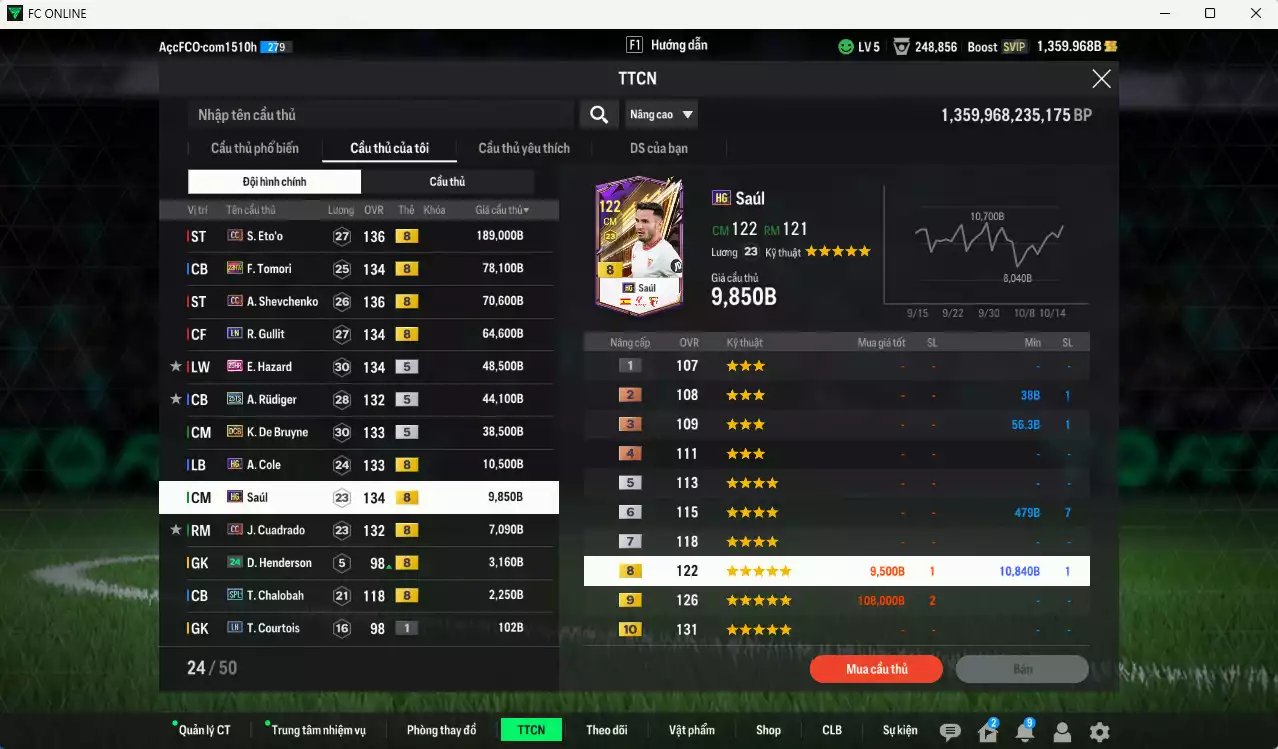 Ảnh [ACC Rẻ🔥] Chelsea 566.570b có Eto CC, Sheva CC, Tomori 23HW, Gullit LN, Hazard 25HR, Rudiger 25TS, De Bruyne DCB, A. Cole HG, Saúl HG... HLV Xịn