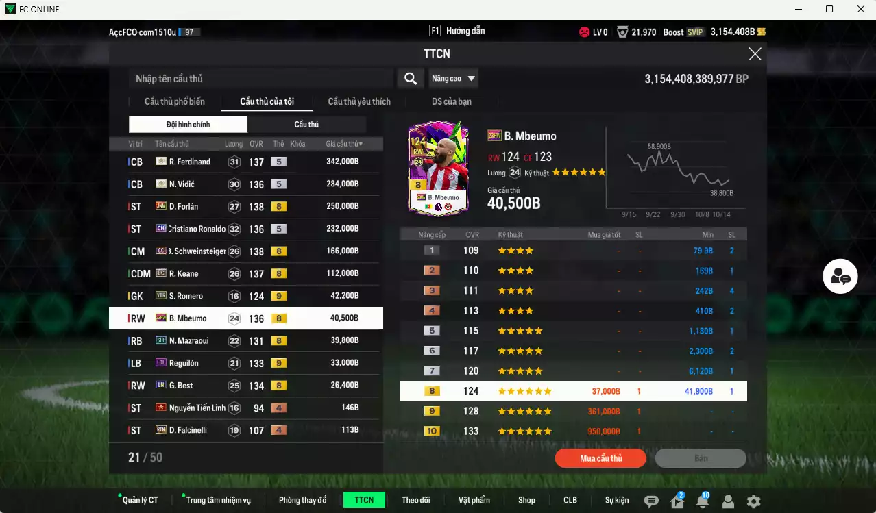 Ảnh Man Utd. 1.568.390b có Ferdinand ITM+5, Vidic ITM+5, Forlán JNM, CR7 CH, Schweinsteiger CC, Keane DC, Mbeumo 23HW, Mazraoui SPL, Reguilón LOL+9, Best LN... Đã đào tạo full chỉ số nhiều CT, dư 31.000TC, VIP BK Tháng 10