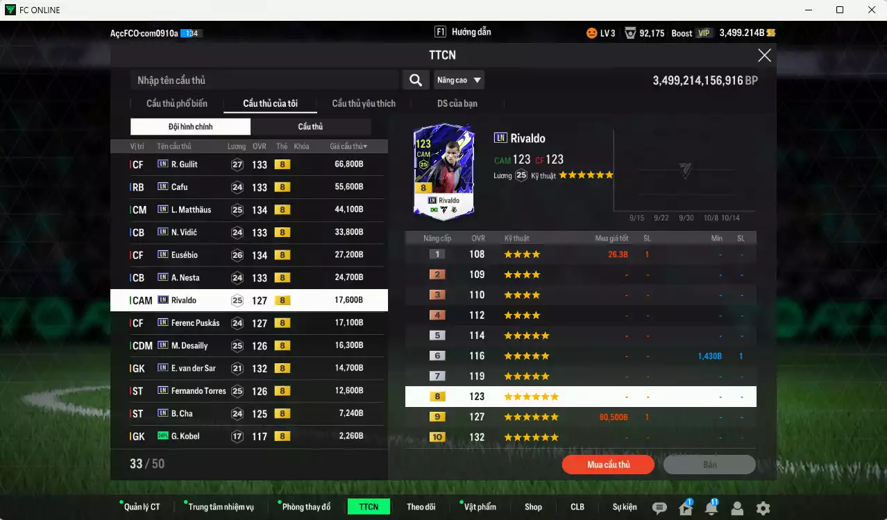 Ảnh [ACC Rẻ🔥] Full mùa LN+8 1.019.100b vs CR7 No.7 có Ronaldo, Kaká, Gullit, Matthaus, Vidic, Eusébio, Nesta, Carlos, Cafu, Rivaldo, Puskás, Desailly, VDS, Torres... LN+8 . HLV Xịn