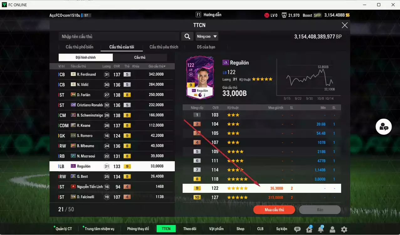 Ảnh Man Utd. 1.568.390b có Ferdinand ITM+5, Vidic ITM+5, Forlán JNM, CR7 CH, Schweinsteiger CC, Keane DC, Mbeumo 23HW, Mazraoui SPL, Reguilón LOL+9, Best LN... Đã đào tạo full chỉ số nhiều CT, dư 31.000TC, VIP BK Tháng 10