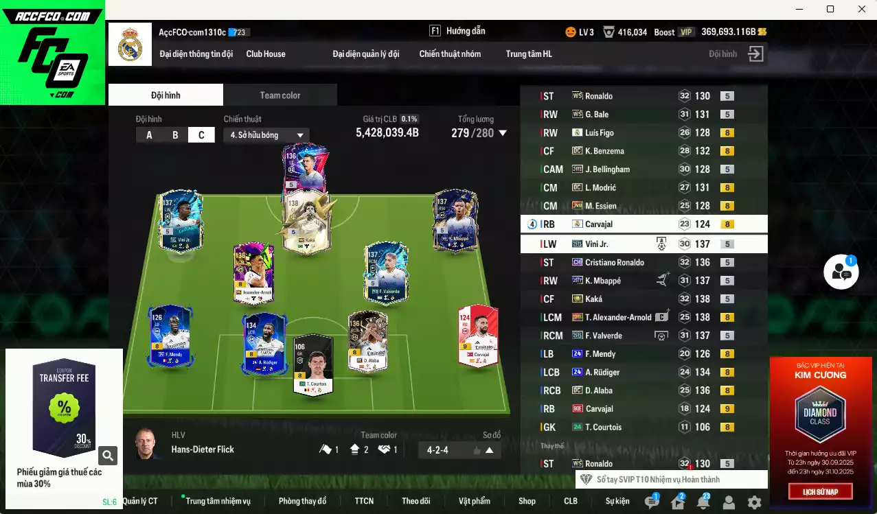 [Dư nhiều BP, ACC Rẻ🔥] Real Madrid 5.428.030b dư 369.000b có Kaká ITM+5, Benzema DC, Ronaldo WS, Rudiger 24UCL, CR7 CH, Bale WS, Valverde 25TS, Modric DC, Mbappé 25TY, Vini 25TS, Arnold 23HW, Alaba DC, Essien JNM, Figo RMA... Đã đào tạo full chỉ số nhiều CT, HLV Xịn, VIP KC Tháng 10, BK Tháng 11