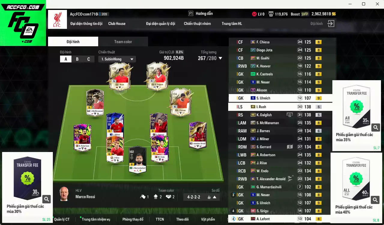 [ACC Rẻ🔥] Liverpool 902.920b có Barnes ITM+6 (fix BP), Rush ITM+5, Dalglish ITM+5, Gerrard CC, McManaman DC, Arnold HG, Hoever SPL+9, Chiesa HG, Endo 23HW, Robertson 23HW, Riise JNM... Còn nhiều CP GIẢM THUẾ, HLV Xịn