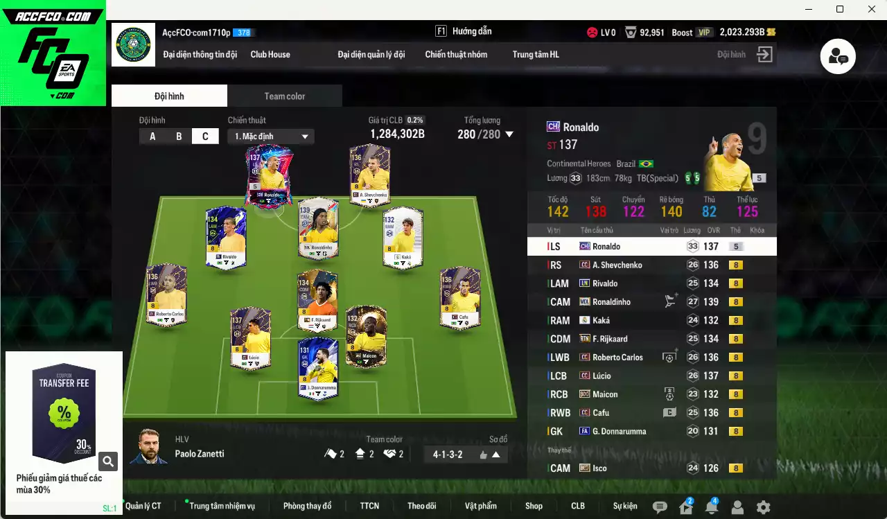 [ACC Rẻ🔥] Milan mix Brazil 1.284.300b có Ronaldo CH, Ronaldinho MDL, Maicon BDO, Lúcio CC, Sheva CC, Carlos CC, Cafu CC, Kaká RMA, Rijkaard RTN, Rivaldo LN... HLV Xịn