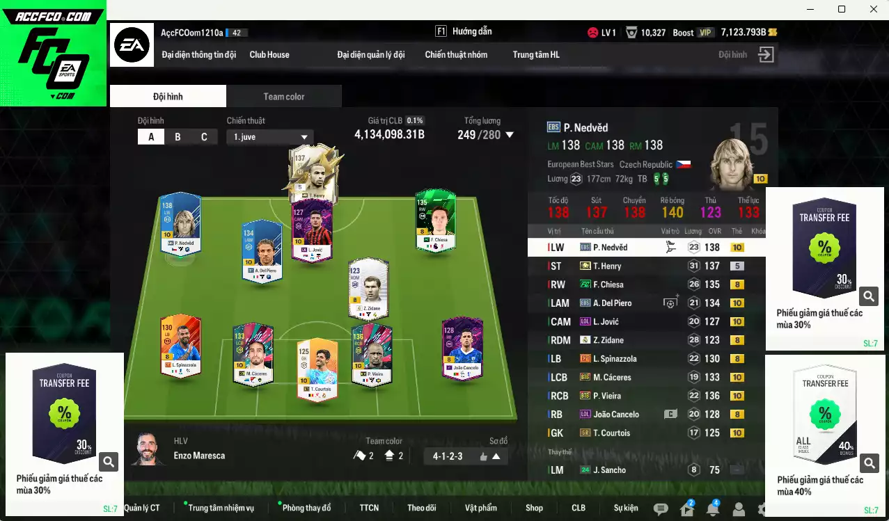 [ACC Hiếm, lạ, ACC Rẻ🔥] Juventus 4.134.090b có Henry ITM+5, Nedved EBS+10 (bù), Vieira BTB+10 (bù) , Courtois GR+10, Cáceres BTB+10 (bù), Zidane RMA, Chiesa FC, Del Piero EBS+10 (bù), Jovic LOL+10 (bù)... Còn nhiều CP GIẢM THUẾ, dư 44.000TC, VIP BK Tháng 11
