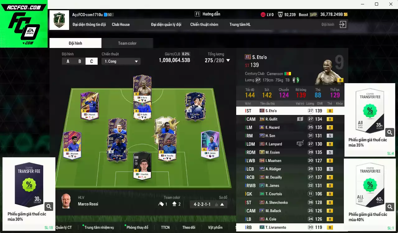 [ACC Rẻ🔥] Chelsea 1.098.060b dư 36.000b có Eto CC, H. Son 25TY, Essien ITM+5, Ballack LN, Desailly CC, Sheva CC, Hazard HG, Lampard CC, Gullit RTN, Rudiger 25TY, R. James SPL, A. Cole CC... Còn nhiều CP GIẢM THUẾ, HLV Xịn