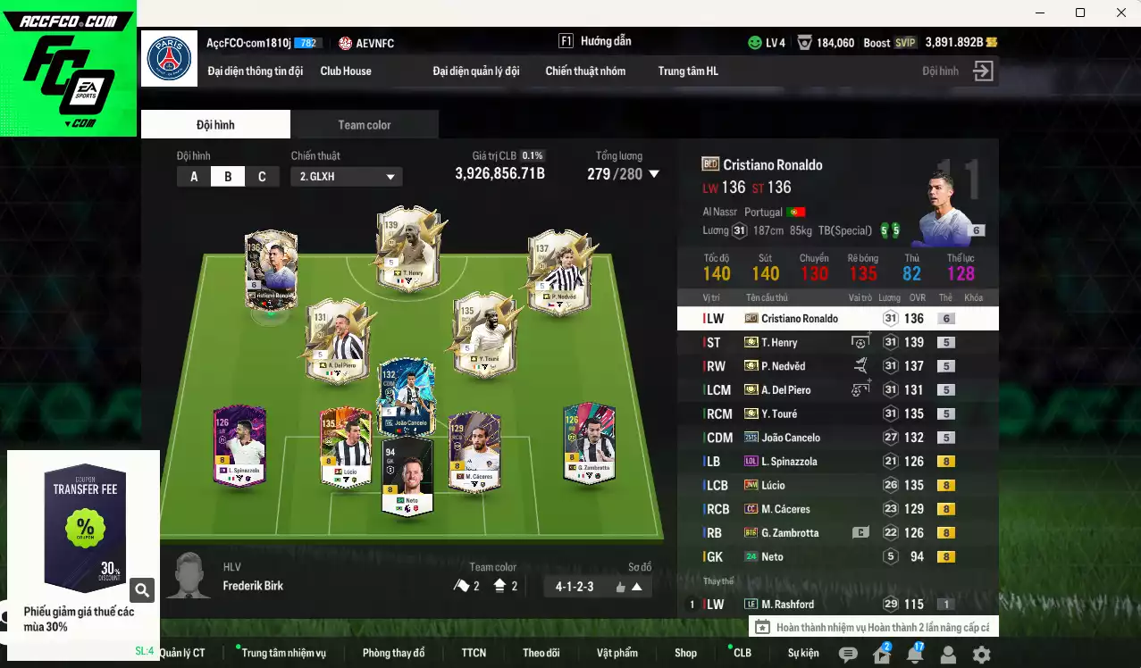 [ACC Rẻ🔥] Juventus 3.926.850b có Henry ITM+5, Nedved ITM+5, CR7 BLD+6, Del Piero ITM+5, Touré ITM+5, Lúcio JNM, Cancelo 25TS, Cáceres CC... Đã đào tạo full chỉ số nhiều CT, HLV Xịn, VIP BK Tháng 10