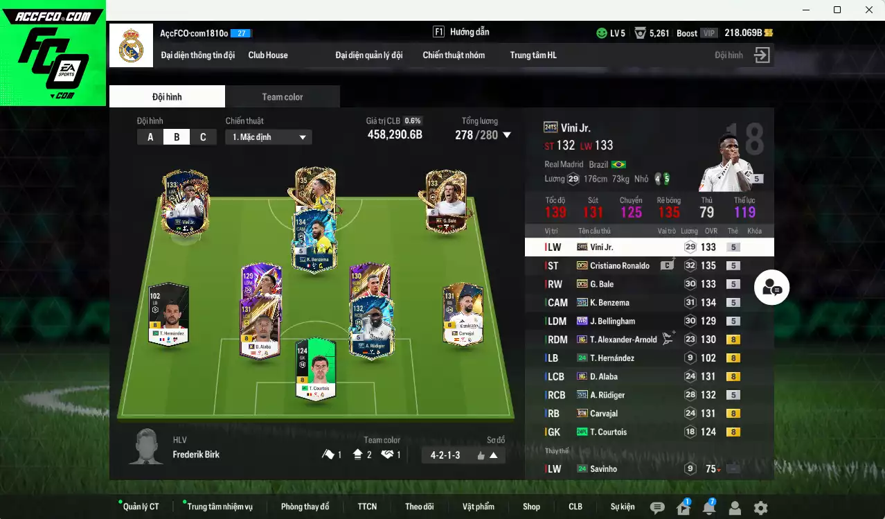 Real Madrid 458.290b có CR7 DCB, Vini 24TS, Bellingham WB, Benzema 25TS, Rudiger 25TS, Bale DCB, Alaba HG, Carvajal RTN, Arnold HG... Dư 48.000TC