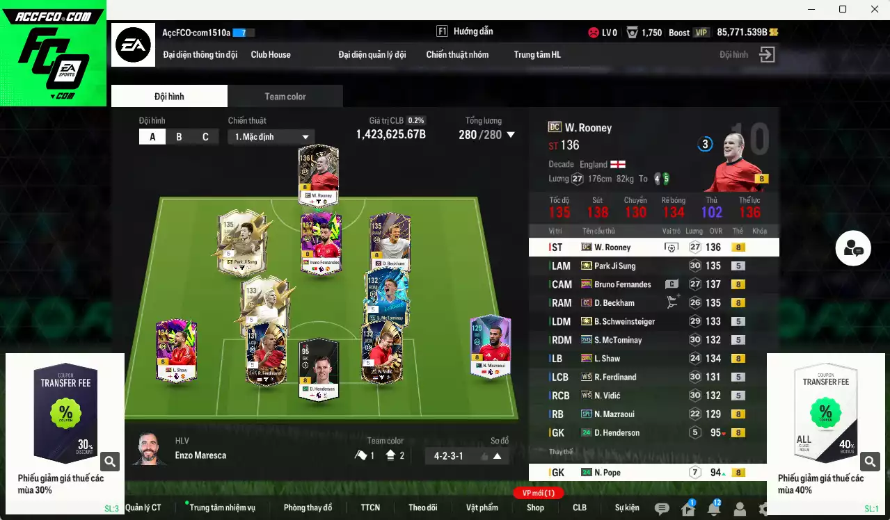 [ACC Rẻ🔥] Man Utd. 1.423.620b dư 85.000b có Bruno 23HW, Rooney DC, Schweinsteiger ITM+5, Park ITM+5, Beckham DC, McTominay 25TS, Vidic WS, Ferdinand WS, Shaw 23HW, Mazraoui SPL... VIP BK Tháng 11
