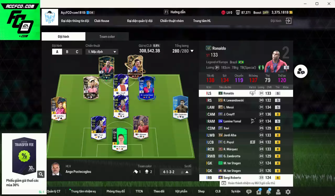 Barcelona 308.540b có Messi BLD, Lamine Yamal 24UCL, Cruyff LN, Lewandowski DCB, Ronaldo LE, Xavi LN, Zambrotta EBS... HLV Xịn
