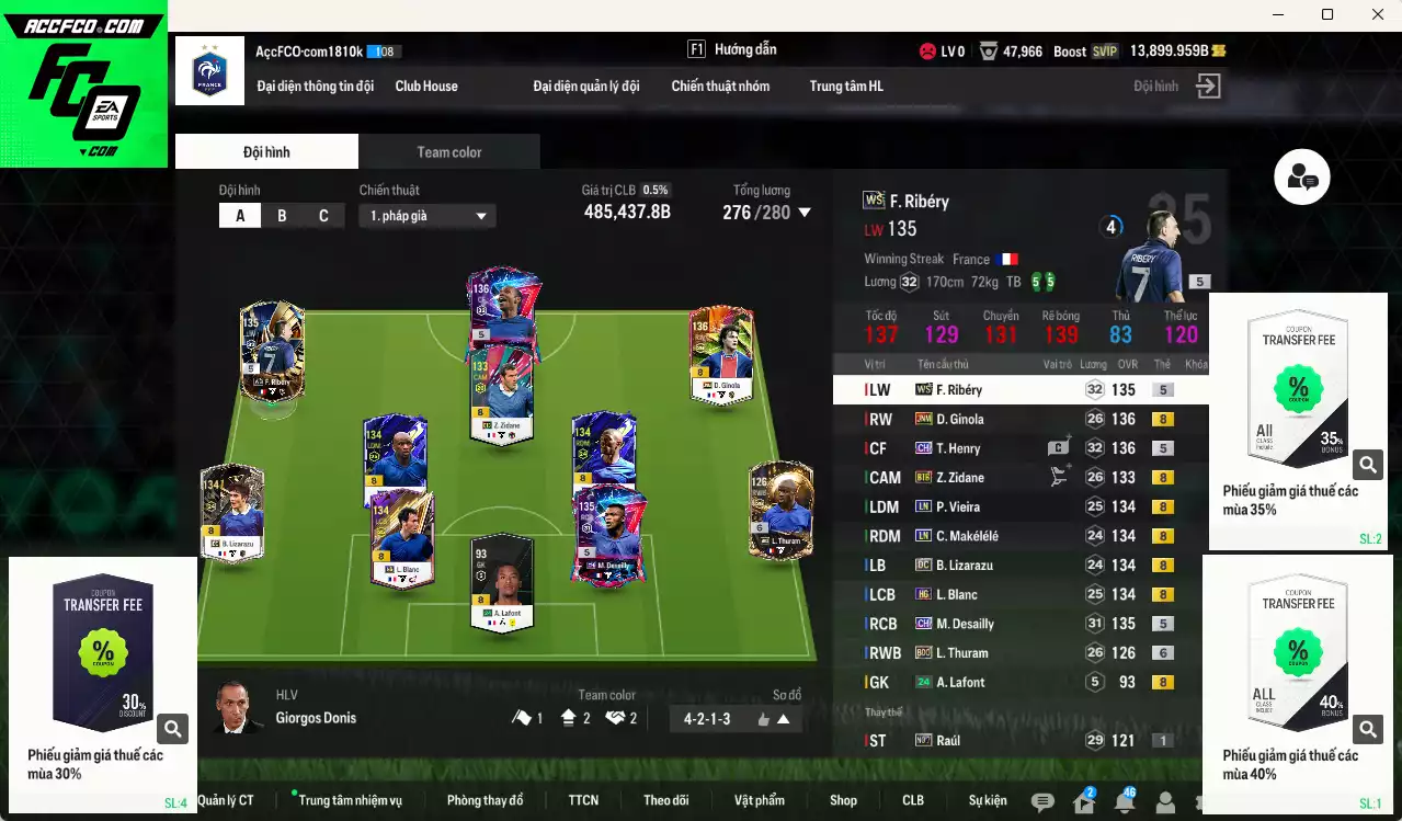Pháp 485.430b dư 13.000b có Henry CH, Ribéry WS, Vieira LN, Ginola JNM, Zidane BTB, Lizarazu DC, Desailly CH (fix BP), Blanc HG, Thuram BDO, Makélélé LN... Còn nhiều CP GIẢM THUẾ, VIP BK Tháng 10
