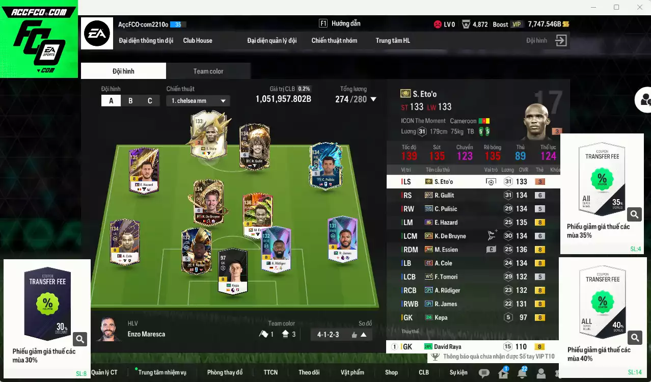 [ACC Rẻ🔥] Chelsea 1.051.950b có Eto ITM+3, De Bruyne DCB+6, Gullit BDO+6, Rudiger SPL, Essien JNM, Pulisic 25TS, Hazard HG, Tomori WS, James SPL, Cole CC... Còn nhiều CP GIẢM THUẾ