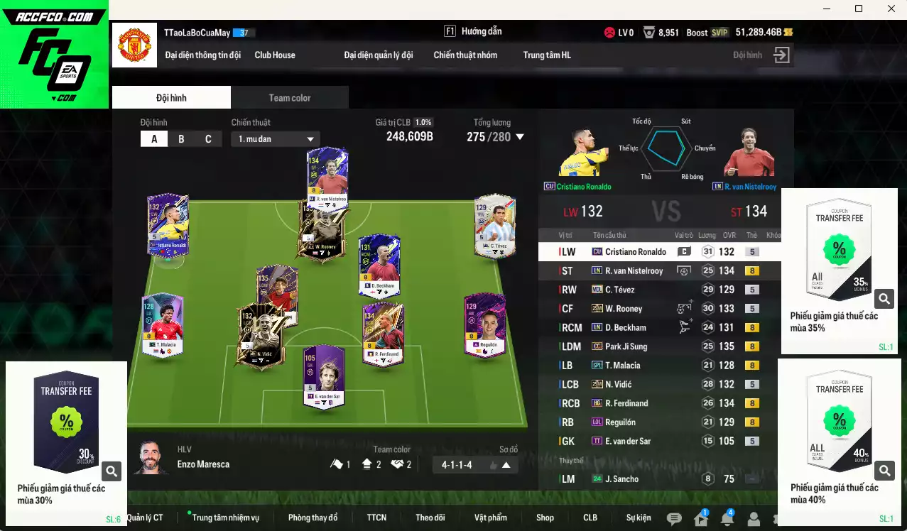 [ACC Rẻ🔥] Man Utd. 248.600b dư 51.000b có CR7 CU, Beckham LN, Rooney 25IM, Park CC, Vidic 25IM, Ferdinand HG, Van Gol LN...