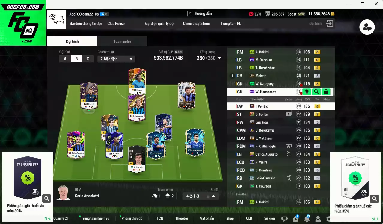 [ACC Rẻ🔥] Inter Milan 903.960b dư 11.000b có Forlán JNM, Matthaus RTN, Calhanoglu 25TY+6, Perisic CC, Figo No.7, Dumfries 25TS, Bergkamp HG, Vieira LN, Cancelo 25TS, Augusto 23HW, Maicon 25IM... Đã đào tạo full chỉ số nhiều CT, HLV Xịn