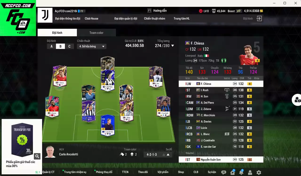 [ACC Rẻ🔥] Juventus 404.590b có Rush DC, Marchisio WS, Lúcio CU+6, Del Piero LN, Zidane LE, H. Son CC, Blanc HG, Chiesa HG...