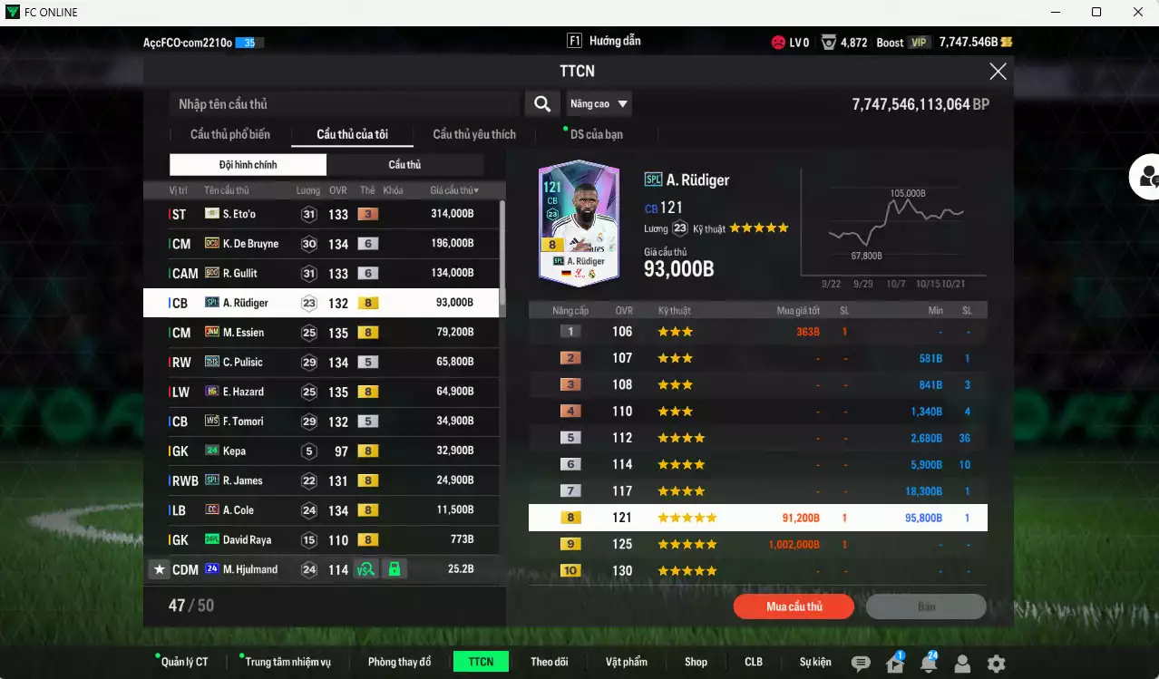 Ảnh [ACC Rẻ🔥] Chelsea 1.051.950b có Eto ITM+3, De Bruyne DCB+6, Gullit BDO+6, Rudiger SPL, Essien JNM, Pulisic 25TS, Hazard HG, Tomori WS, James SPL, Cole CC... Còn nhiều CP GIẢM THUẾ