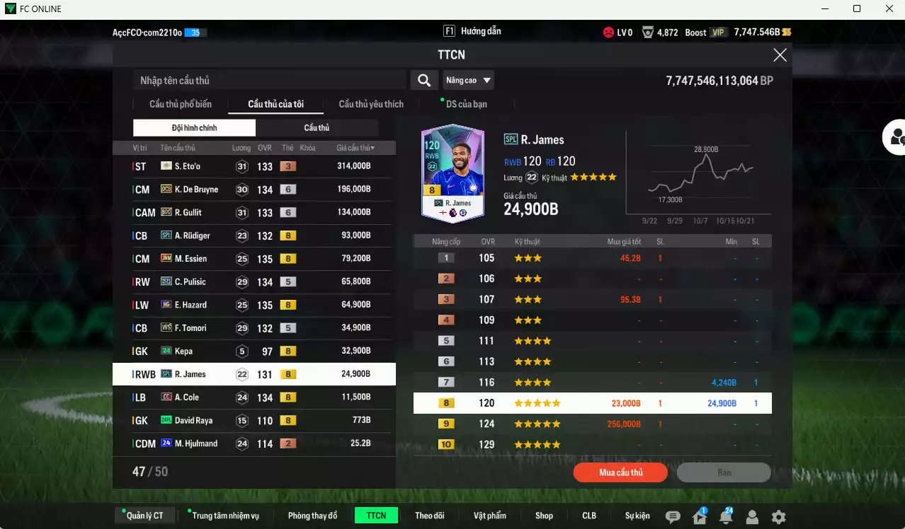 Ảnh [ACC Rẻ🔥] Chelsea 1.051.950b có Eto ITM+3, De Bruyne DCB+6, Gullit BDO+6, Rudiger SPL, Essien JNM, Pulisic 25TS, Hazard HG, Tomori WS, James SPL, Cole CC... Còn nhiều CP GIẢM THUẾ