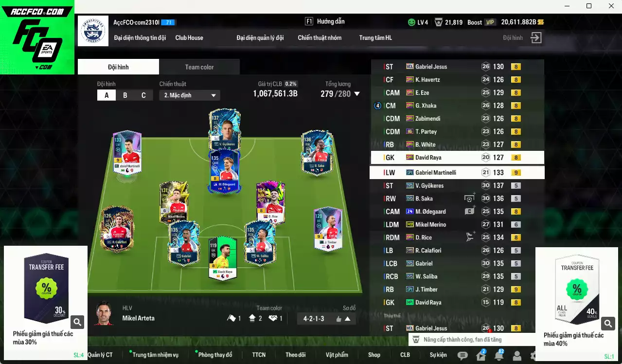 [ACC Rẻ🔥] Arsenal 1.067.560b dư 20.000b có Gyokeres 25TS, Odegaard 24UCL(bù), Jesus MDL, Saka 25TS, Gabriel 25TS, Saliba 25TS, Eze 23HW, Xhaka 23HW, Merino 24EP+6, Rice 23HW, Martinelli SPL+9, Timber SPL+9...