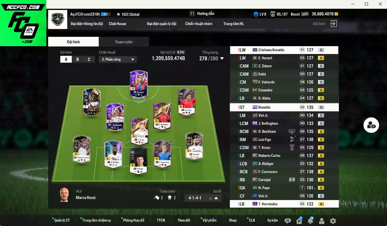 [ACC Rẻ🔥] Real Madrid 1.209.550b dư 30.000b có Kroos HG(fix BP), Vini WS, Ronaldo WB, Cannavaro CC, Rudiger SPL, Figo CC, Beckham HG, Carlos DC, Carvajal DC, CR7 CU, Valverde 24TS, Hazard HG, Bellingham WB, Casemiro BTB, Kaká 25IM... Gần full đào tạo, HLV Xịn