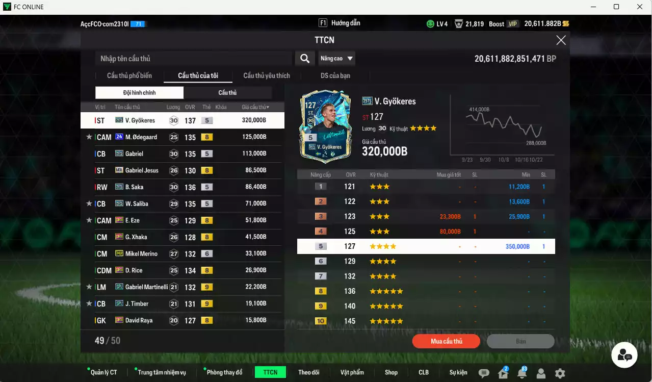 Ảnh [ACC Rẻ🔥] Arsenal 1.067.560b dư 20.000b có Gyokeres 25TS, Odegaard 24UCL(bù), Jesus MDL, Saka 25TS, Gabriel 25TS, Saliba 25TS, Eze 23HW, Xhaka 23HW, Merino 24EP+6, Rice 23HW, Martinelli SPL+9, Timber SPL+9...