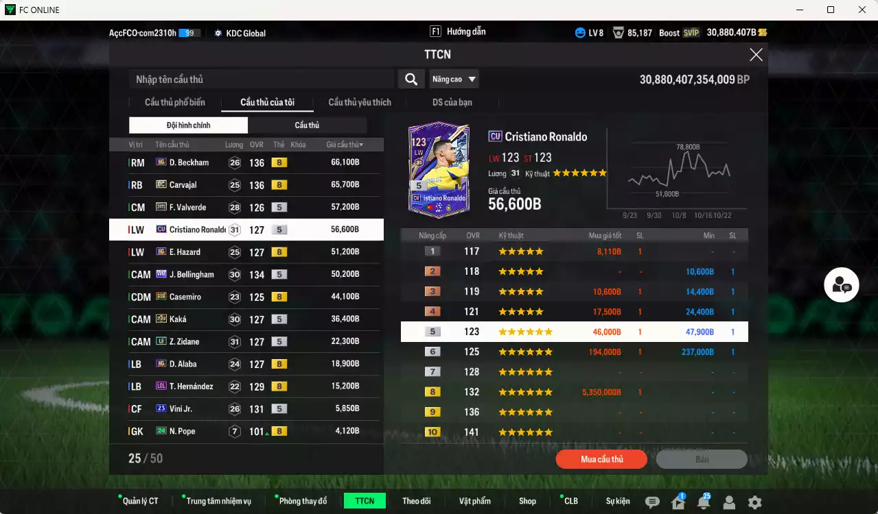 Ảnh [ACC Rẻ🔥] Real Madrid 1.209.550b dư 30.000b có Kroos HG(fix BP), Vini WS, Ronaldo WB, Cannavaro CC, Rudiger SPL, Figo CC, Beckham HG, Carlos DC, Carvajal DC, CR7 CU, Valverde 24TS, Hazard HG, Bellingham WB, Casemiro BTB, Kaká 25IM... Gần full đào tạo, HLV Xịn