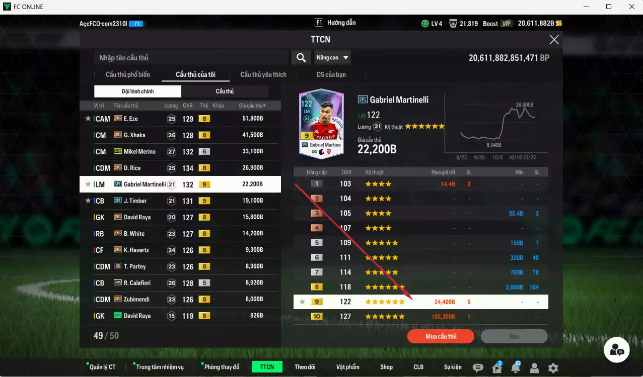 Ảnh [ACC Rẻ🔥] Arsenal 1.067.560b dư 20.000b có Gyokeres 25TS, Odegaard 24UCL(bù), Jesus MDL, Saka 25TS, Gabriel 25TS, Saliba 25TS, Eze 23HW, Xhaka 23HW, Merino 24EP+6, Rice 23HW, Martinelli SPL+9, Timber SPL+9...