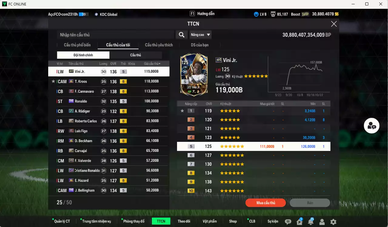 Ảnh [ACC Rẻ🔥] Real Madrid 1.209.550b dư 30.000b có Kroos HG(fix BP), Vini WS, Ronaldo WB, Cannavaro CC, Rudiger SPL, Figo CC, Beckham HG, Carlos DC, Carvajal DC, CR7 CU, Valverde 24TS, Hazard HG, Bellingham WB, Casemiro BTB, Kaká 25IM... Gần full đào tạo, HLV Xịn