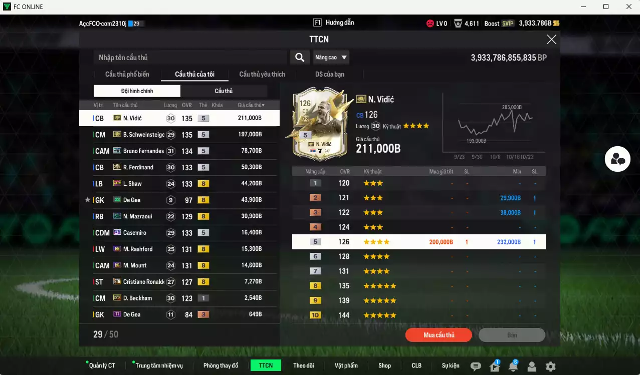 Ảnh [ACC Rẻ🔥] Xuân Son PRM mix Man Utd. 712.940b có Xuân Son PRM+5, Vidic ITM+5, Schweinsteiger ITM+5, Bruno 25TS, Ferdinand 23IM, Shaw 23HW, Casemiro CH(fix BP), Mazraoui SPL, Mount HGM, Rashford HG, CR7 RTN... Còn rất nhiều CP GIẢM THUẾ