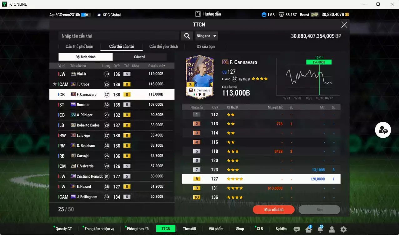 Ảnh [ACC Rẻ🔥] Real Madrid 1.209.550b dư 30.000b có Kroos HG(fix BP), Vini WS, Ronaldo WB, Cannavaro CC, Rudiger SPL, Figo CC, Beckham HG, Carlos DC, Carvajal DC, CR7 CU, Valverde 24TS, Hazard HG, Bellingham WB, Casemiro BTB, Kaká 25IM... Gần full đào tạo, HLV Xịn