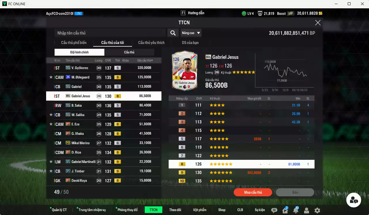 Ảnh [ACC Rẻ🔥] Arsenal 1.067.560b dư 20.000b có Gyokeres 25TS, Odegaard 24UCL(bù), Jesus MDL, Saka 25TS, Gabriel 25TS, Saliba 25TS, Eze 23HW, Xhaka 23HW, Merino 24EP+6, Rice 23HW, Martinelli SPL+9, Timber SPL+9...