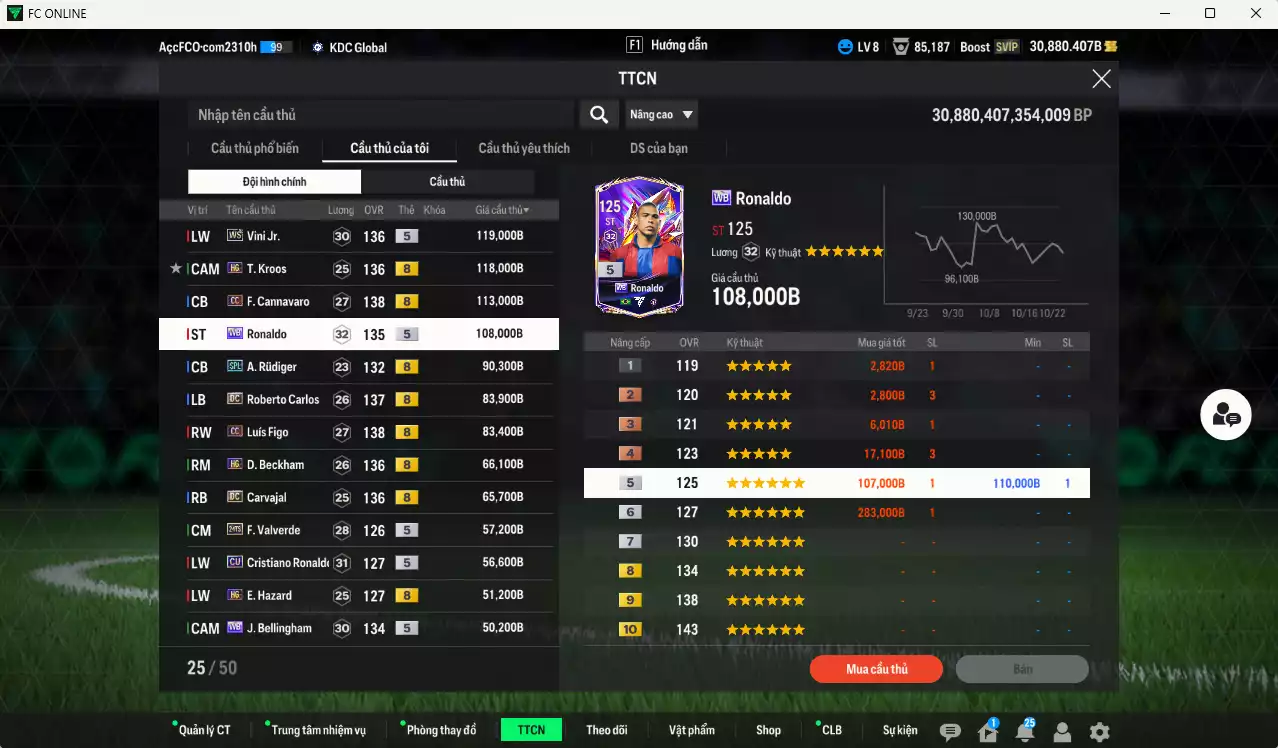 Ảnh [ACC Rẻ🔥] Real Madrid 1.209.550b dư 30.000b có Kroos HG(fix BP), Vini WS, Ronaldo WB, Cannavaro CC, Rudiger SPL, Figo CC, Beckham HG, Carlos DC, Carvajal DC, CR7 CU, Valverde 24TS, Hazard HG, Bellingham WB, Casemiro BTB, Kaká 25IM... Gần full đào tạo, HLV Xịn