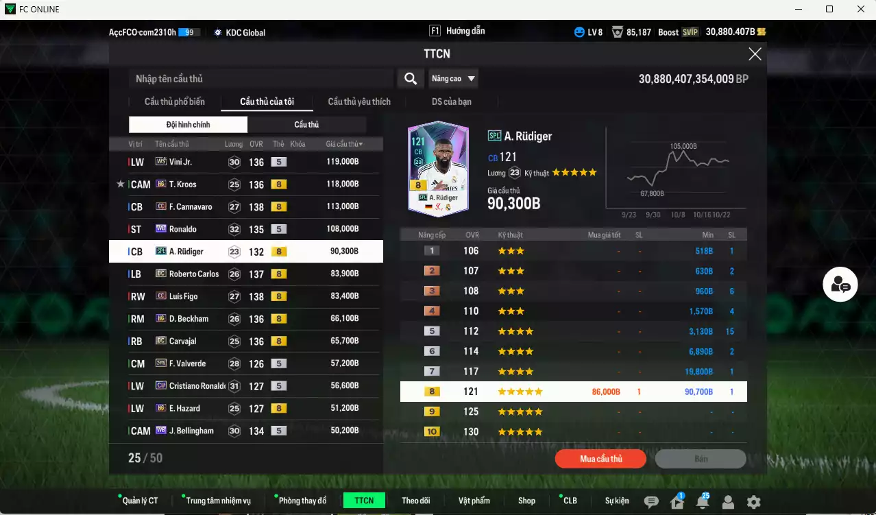 Ảnh [ACC Rẻ🔥] Real Madrid 1.209.550b dư 30.000b có Kroos HG(fix BP), Vini WS, Ronaldo WB, Cannavaro CC, Rudiger SPL, Figo CC, Beckham HG, Carlos DC, Carvajal DC, CR7 CU, Valverde 24TS, Hazard HG, Bellingham WB, Casemiro BTB, Kaká 25IM... Gần full đào tạo, HLV Xịn