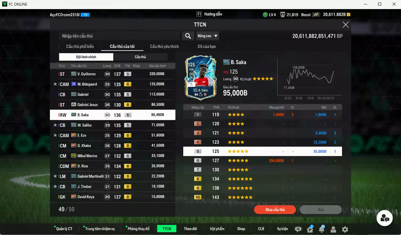 Ảnh [ACC Rẻ🔥] Arsenal 1.067.560b dư 20.000b có Gyokeres 25TS, Odegaard 24UCL(bù), Jesus MDL, Saka 25TS, Gabriel 25TS, Saliba 25TS, Eze 23HW, Xhaka 23HW, Merino 24EP+6, Rice 23HW, Martinelli SPL+9, Timber SPL+9...