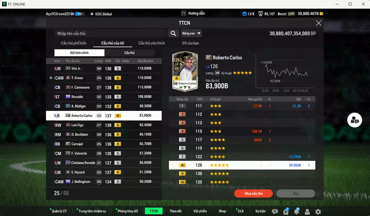 Ảnh [ACC Rẻ🔥] Real Madrid 1.209.550b dư 30.000b có Kroos HG(fix BP), Vini WS, Ronaldo WB, Cannavaro CC, Rudiger SPL, Figo CC, Beckham HG, Carlos DC, Carvajal DC, CR7 CU, Valverde 24TS, Hazard HG, Bellingham WB, Casemiro BTB, Kaká 25IM... Gần full đào tạo, HLV Xịn