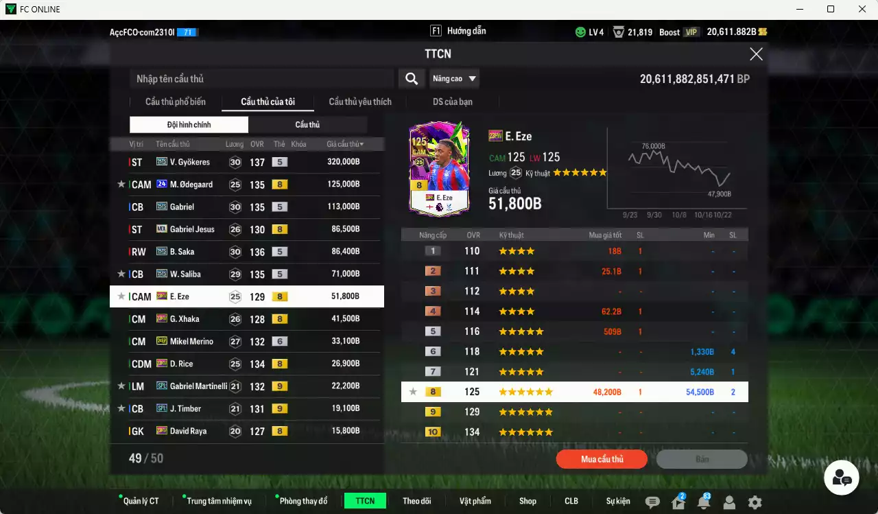 Ảnh [ACC Rẻ🔥] Arsenal 1.067.560b dư 20.000b có Gyokeres 25TS, Odegaard 24UCL(bù), Jesus MDL, Saka 25TS, Gabriel 25TS, Saliba 25TS, Eze 23HW, Xhaka 23HW, Merino 24EP+6, Rice 23HW, Martinelli SPL+9, Timber SPL+9...