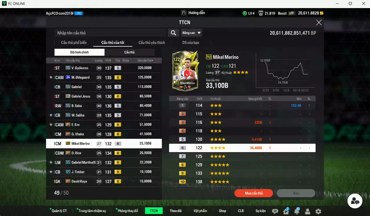 Ảnh [ACC Rẻ🔥] Arsenal 1.067.560b dư 20.000b có Gyokeres 25TS, Odegaard 24UCL(bù), Jesus MDL, Saka 25TS, Gabriel 25TS, Saliba 25TS, Eze 23HW, Xhaka 23HW, Merino 24EP+6, Rice 23HW, Martinelli SPL+9, Timber SPL+9...
