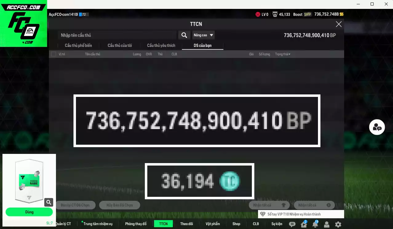 [ACC Rẻ🔥] ACC 736752b trắng, có thẻ đổi tên. Dư 36.000TC