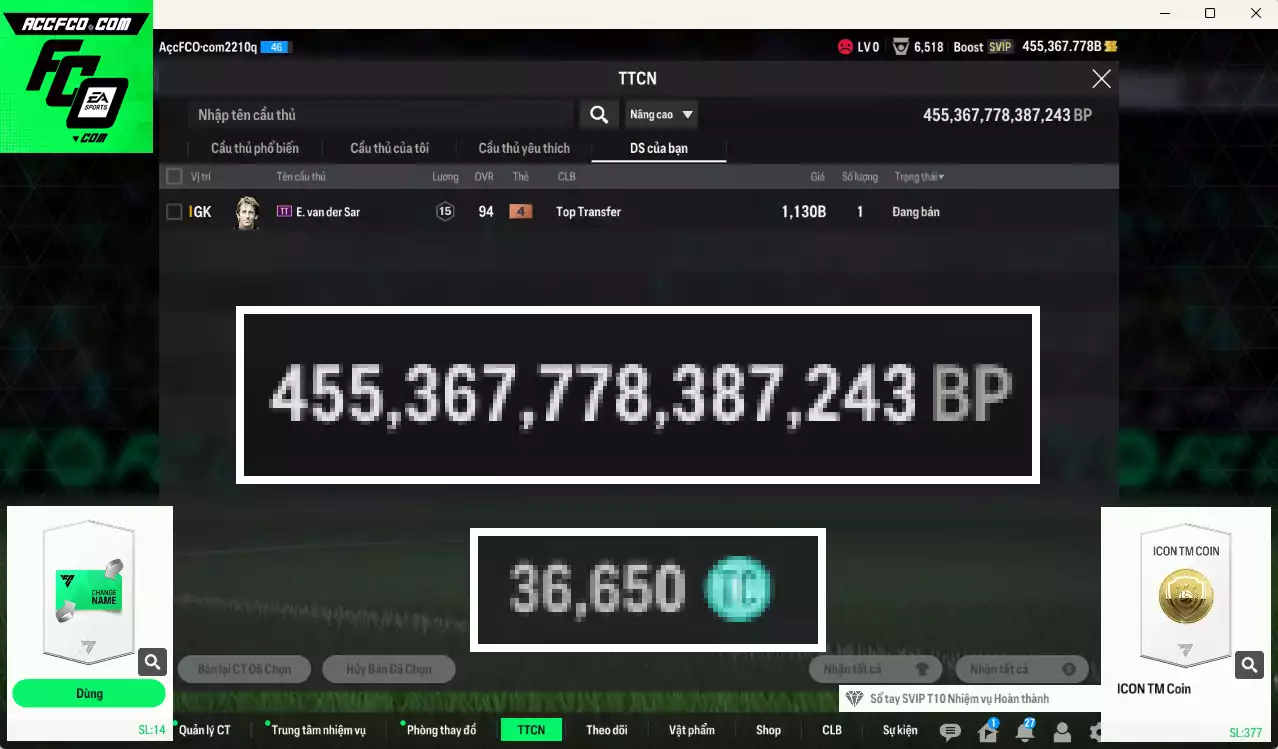 ACC 455367b trắng, có thẻ đổi tên. Dư 36.000TC, HLV Xịn