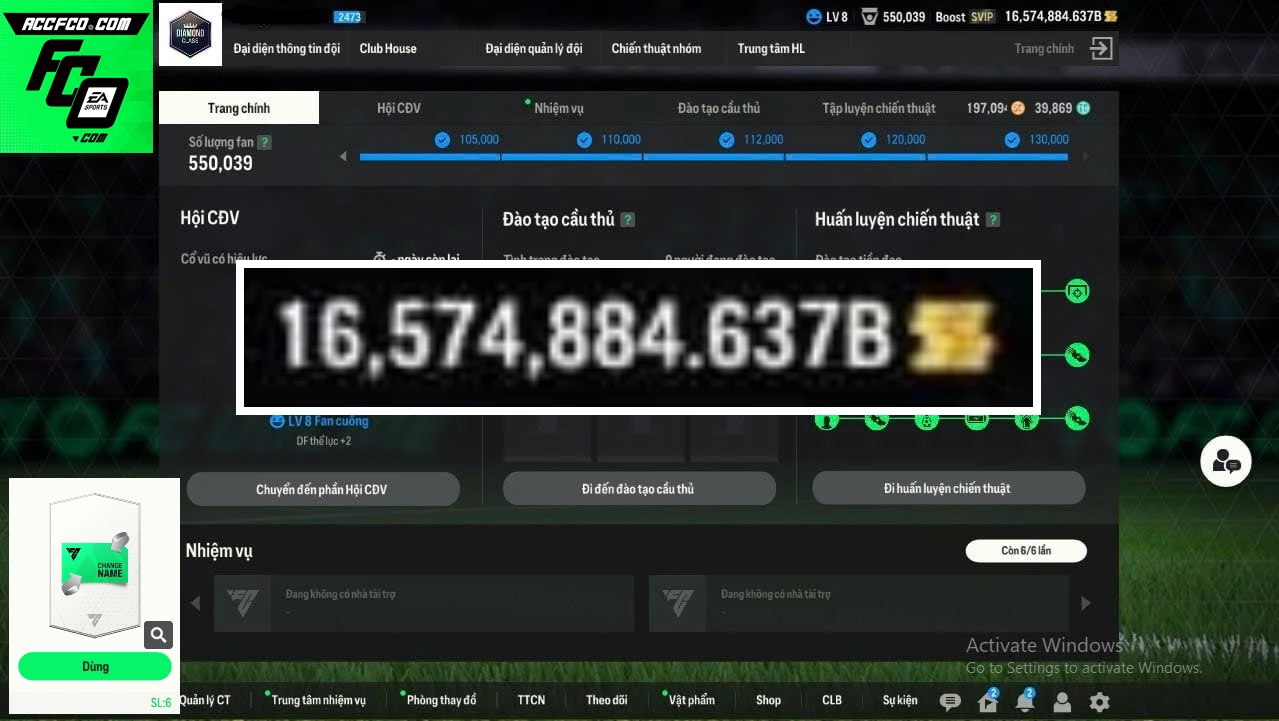 ACC 16.574.884b trắng, có thẻ đổi tên. Đã full bảng đào tạo chiến thuật, Dư 39.000TC, HLV Xịn