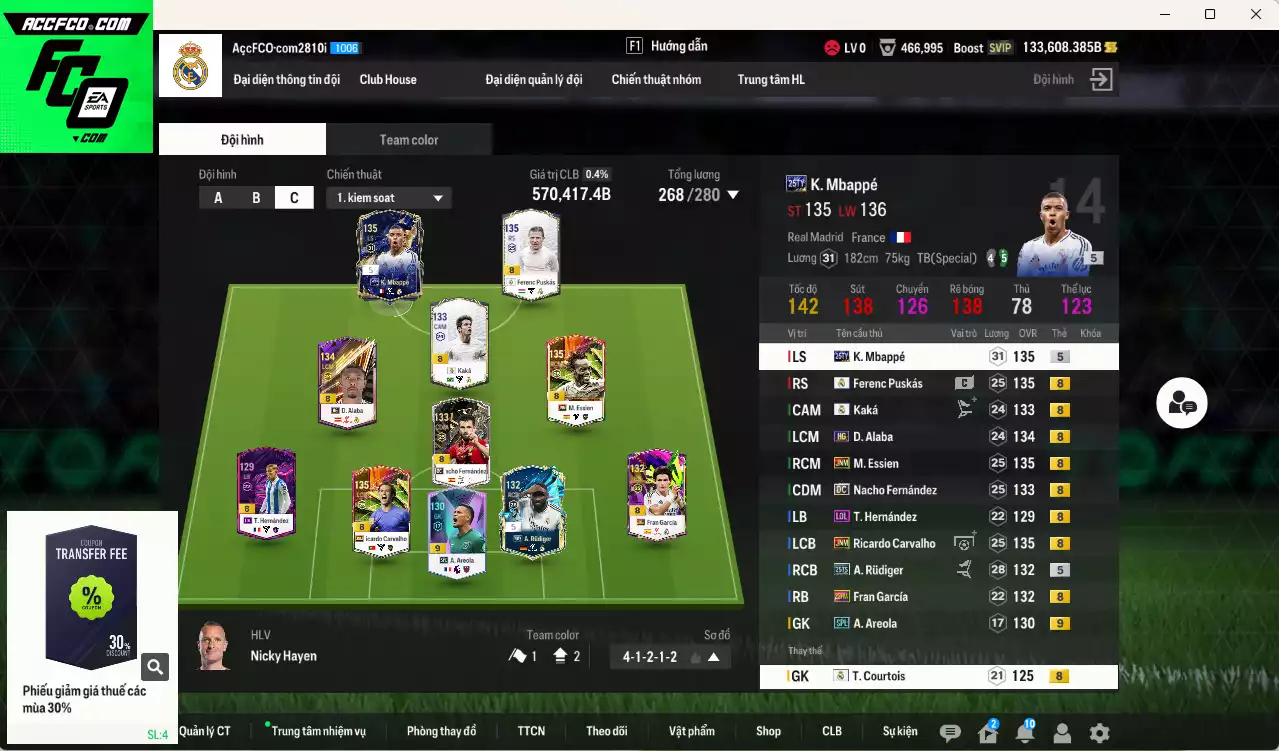 [ACC Rẻ🔥] Real Madrid 570.410b dư 133.000b có Mbappé 25TS, Essien JNM, Puskás RMA, Rudiger 25TS, Kaká RMA, Carvalho JNM, Alaba HG, Areola SPL+9, Nacho DC, Courtois RMA... Gần full bảng đào tạo chiến thuật, dư 28.000TC, HLV Xịn