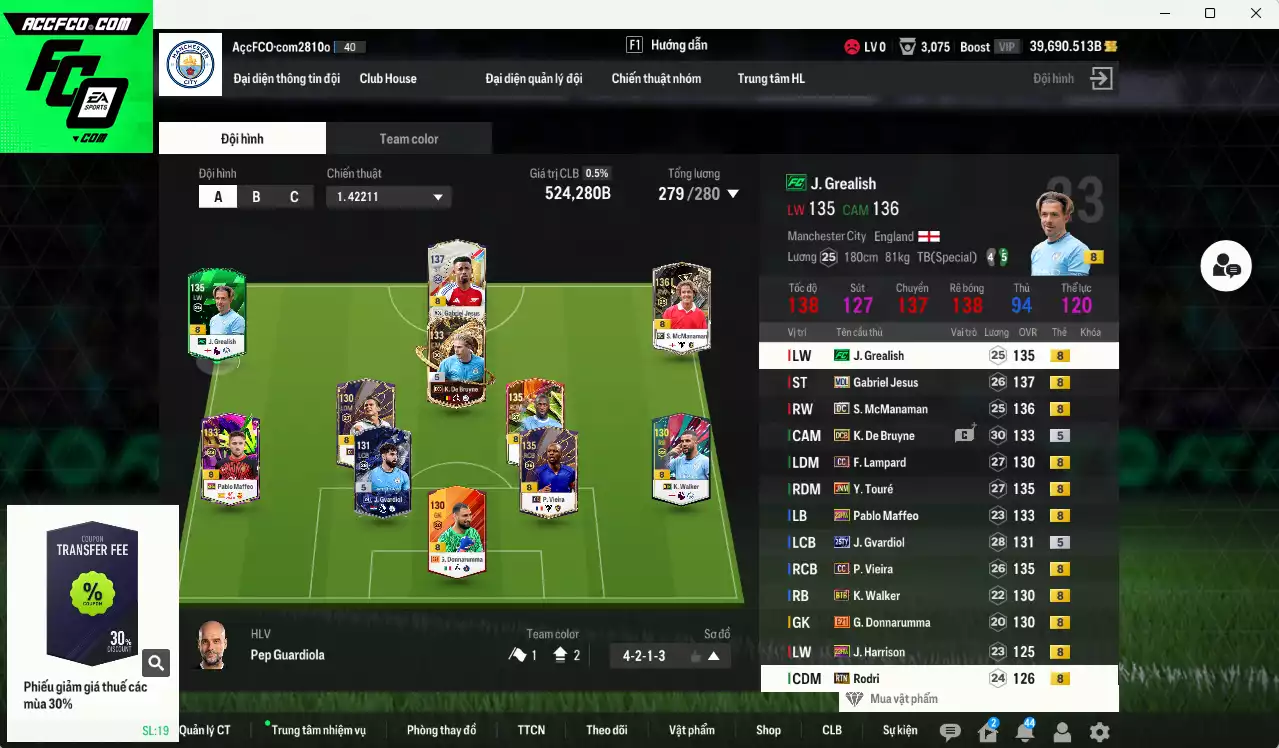 [ACC Rẻ🔥] Man City 524.280b dư 39.000b có Grealish FC, Touré JNM, Jesus MDL, Vieira CC, Lampard CC, Gvardiol 25TY, De Bruyne DCB, McManaman DC, Walker BTB, Rodri RTN...